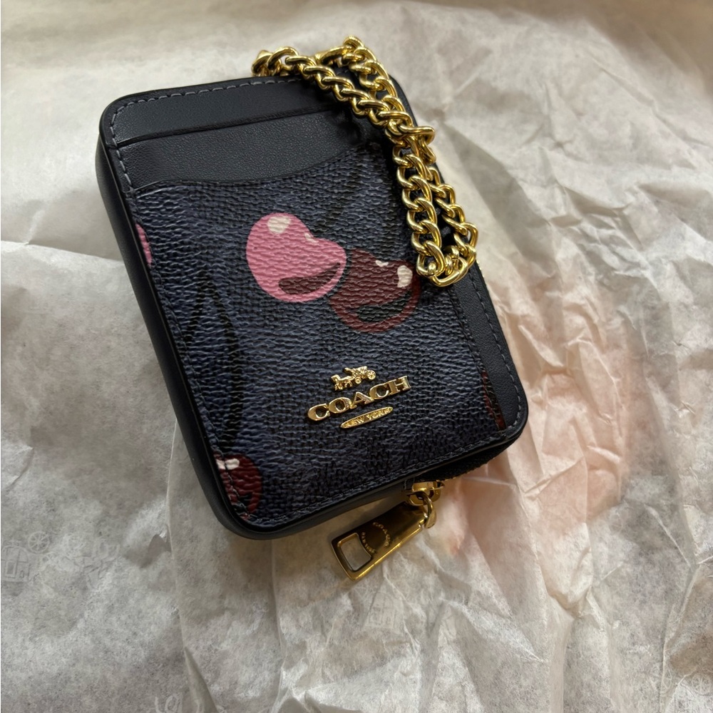 Coach Black and Pink Card Holder with Gold Chain